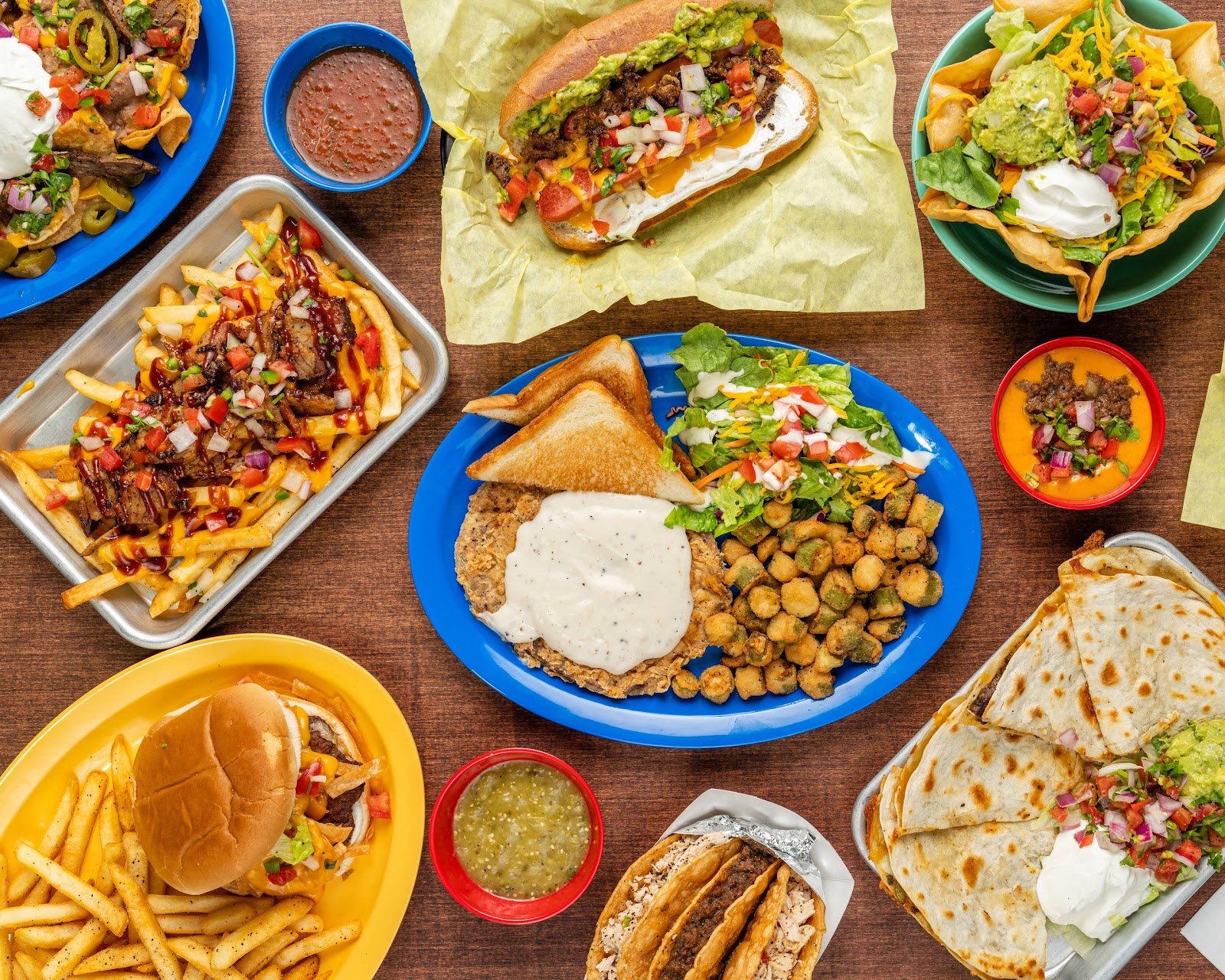 Overhead spread of Tomel's comfort food plates