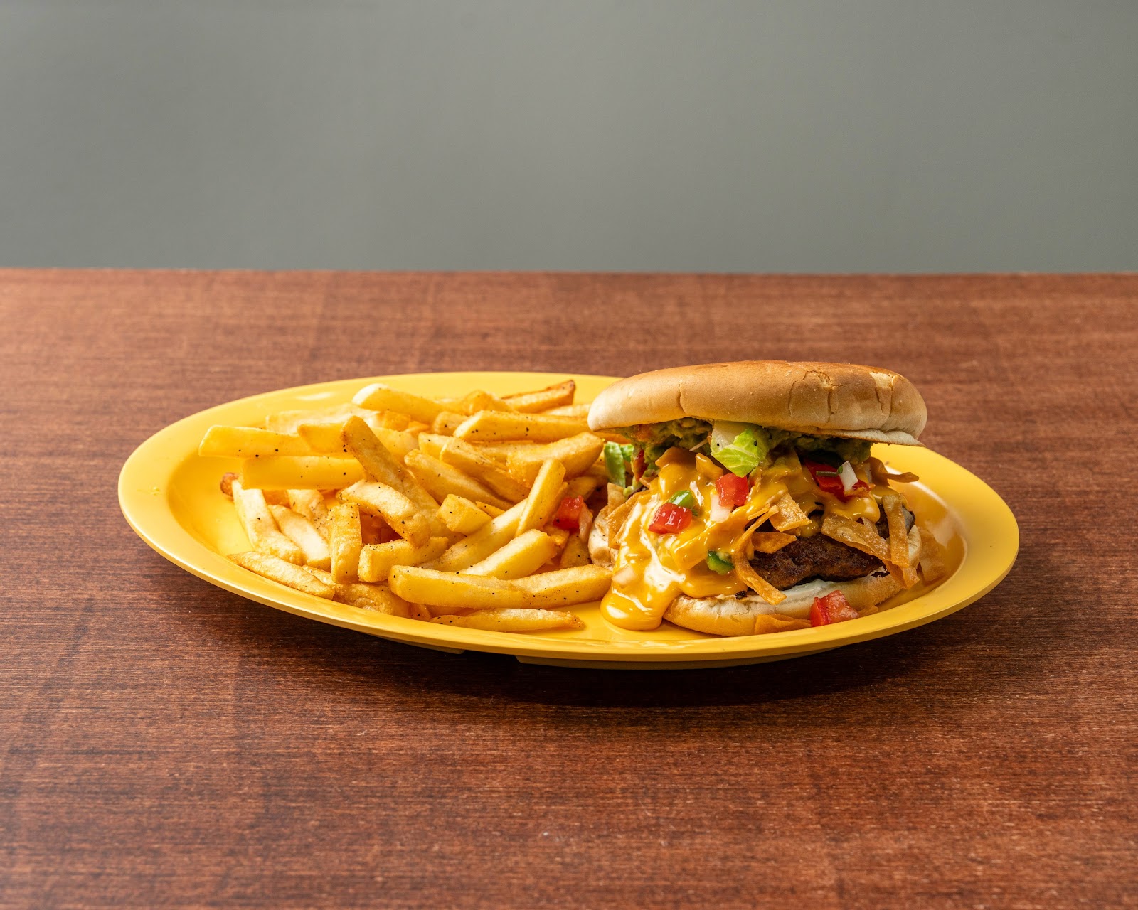 Burger and fries at Tomel's